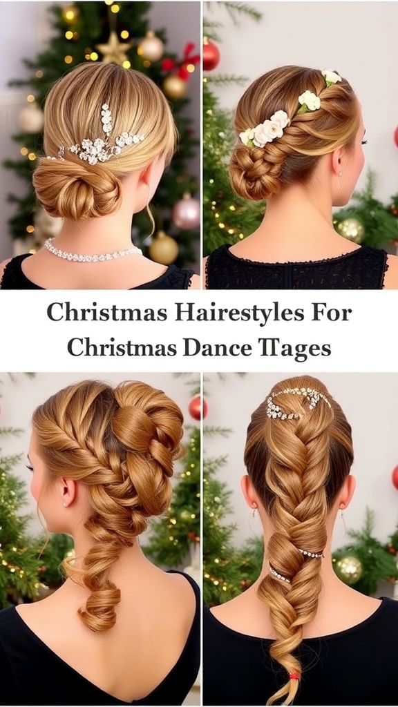 Collage of Christmas hairstyles: elegant chignon, braided crown, half-up twist, and sparkling ponytail.